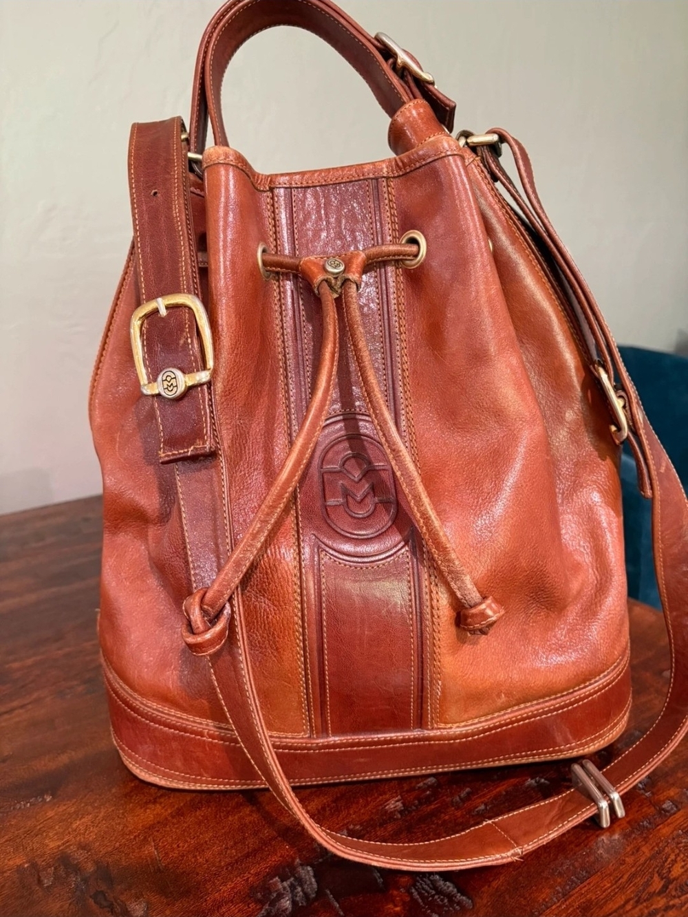 Marino Orlandi Cognac Leather Drawstring Shoulder Bag